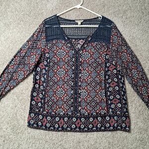 Lucky Brand Womens Large Geometric Navy and Red Blouse